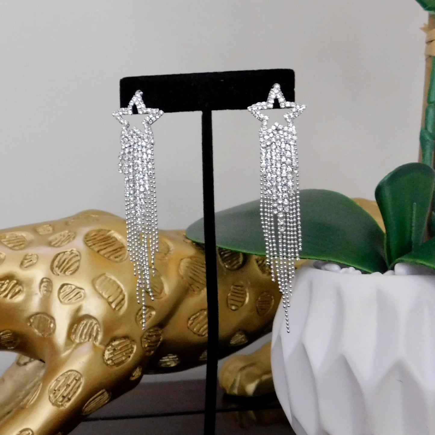 Long Silver Crystal Rhinestone Tassel Star earrings Fashion Jewelry