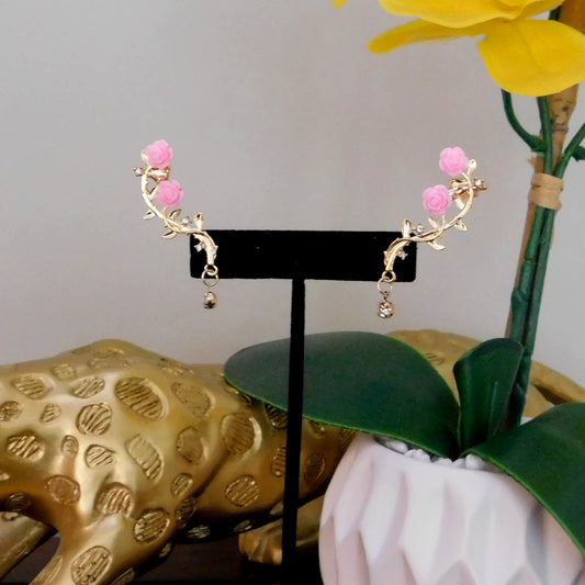 Floral Fairy Elf Ear Stud and Cuff with Rhinestones and Flowers