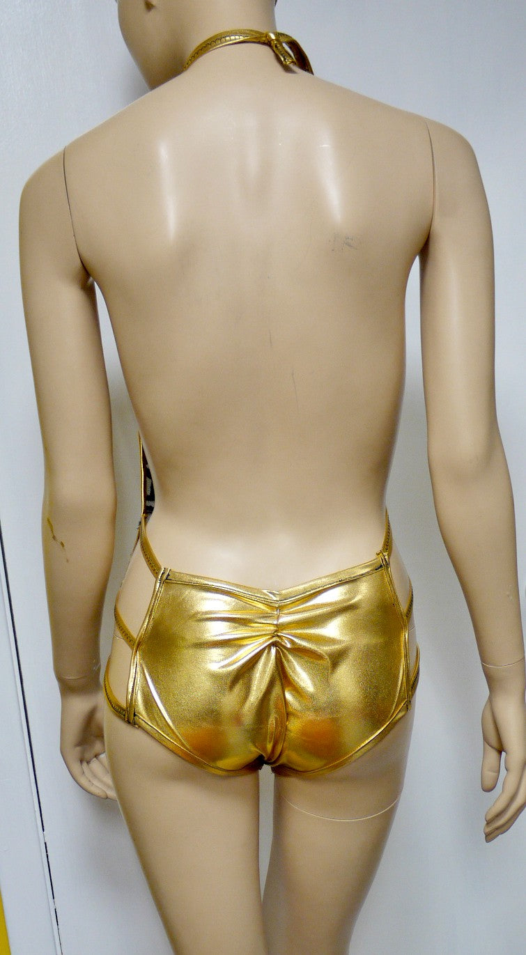 Golden Goddess Gold White Black Sequin Mesh Monokini Rave Dance Leotard