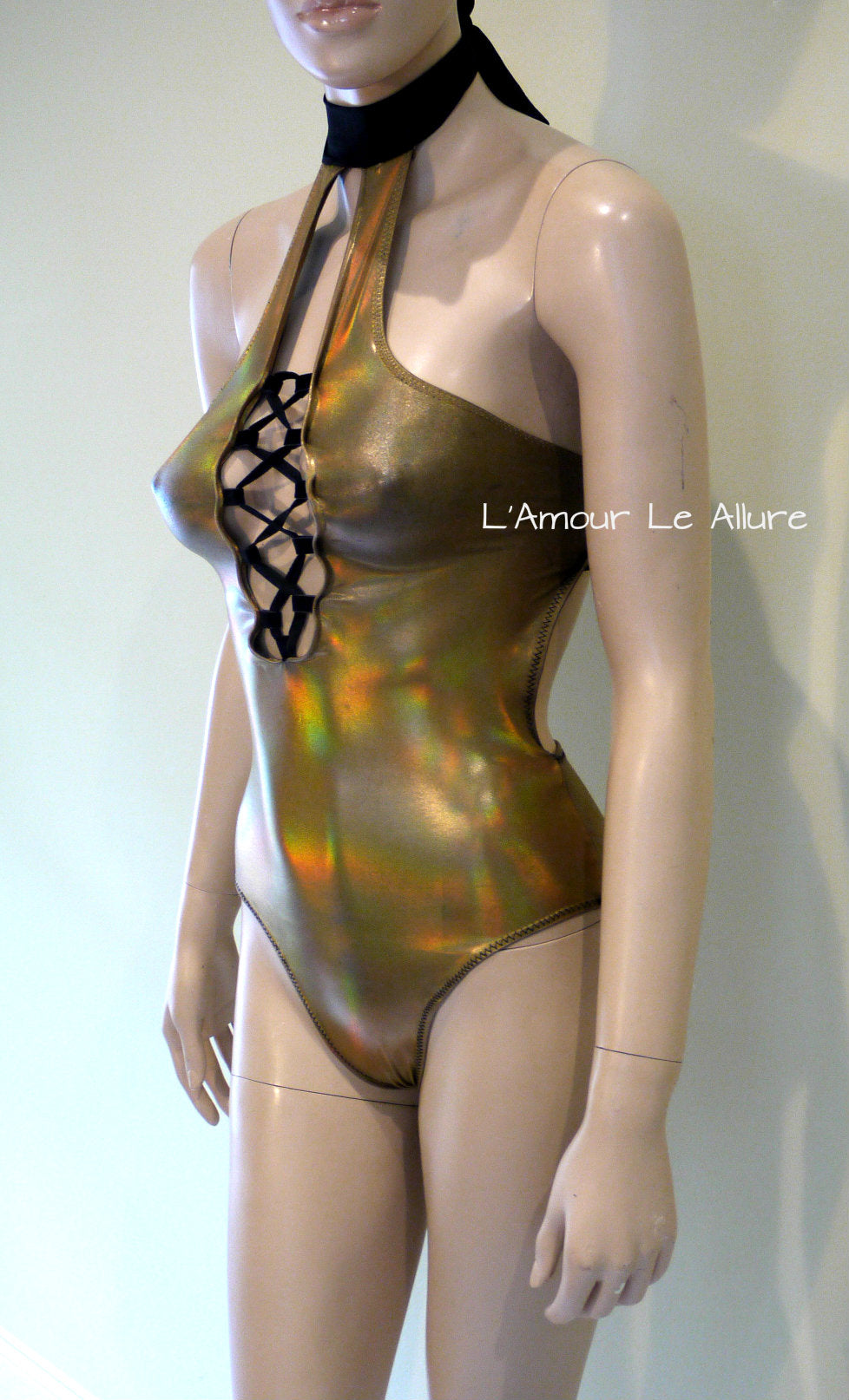 Holographic Leopard Black Gold Monokini Bodysuit