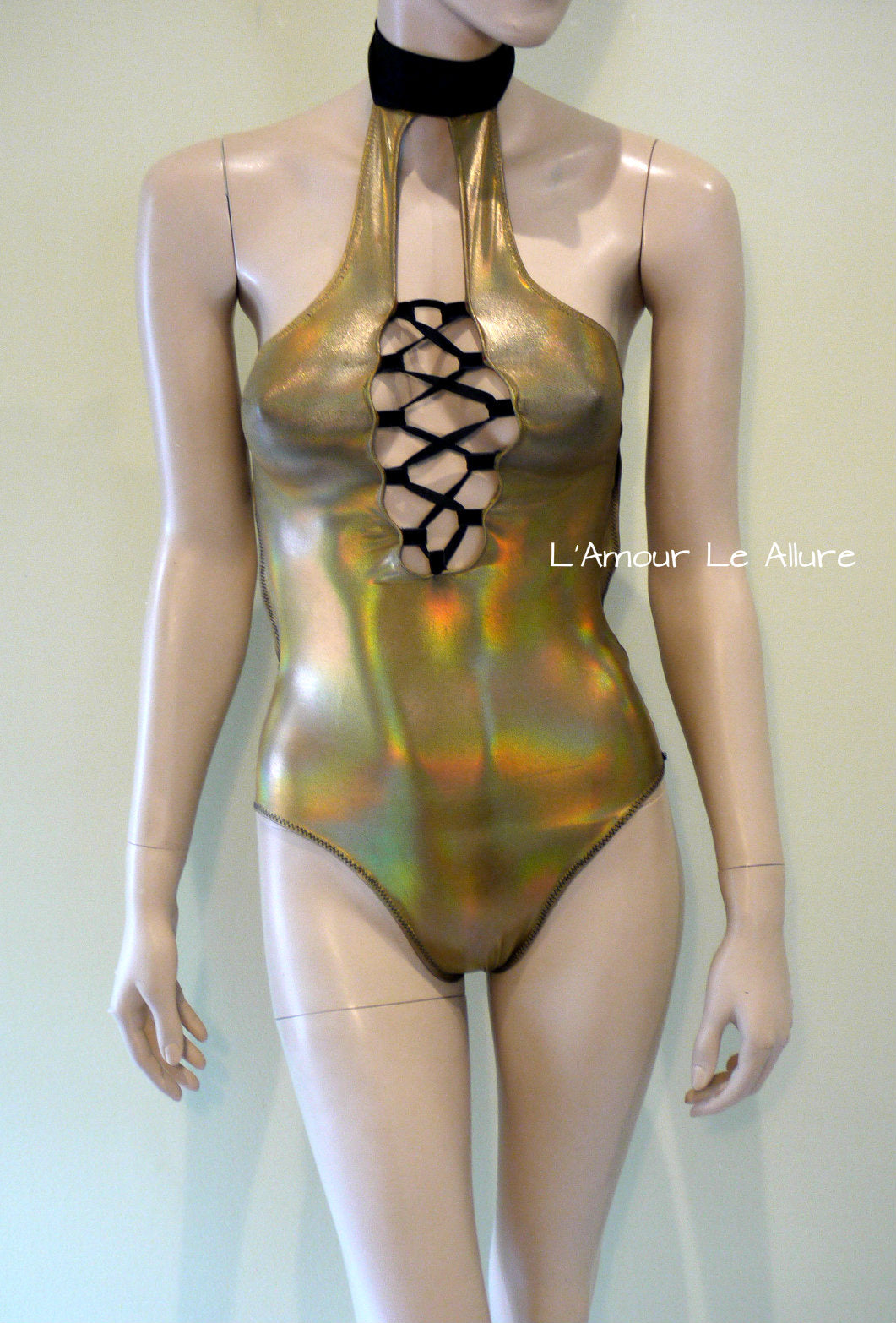 Holographic Leopard Black Gold Monokini Bodysuit