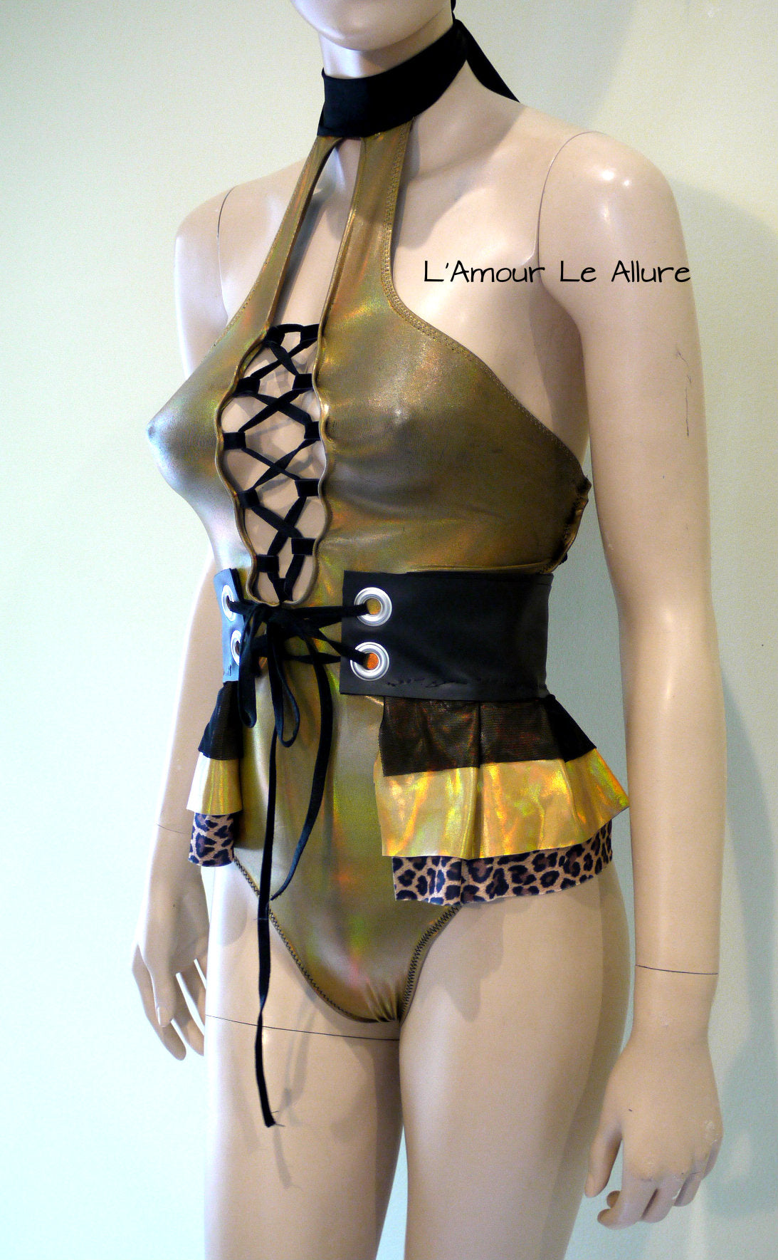 Holographic Leopard Black Gold Monokini with Skirt Jumper Leotard