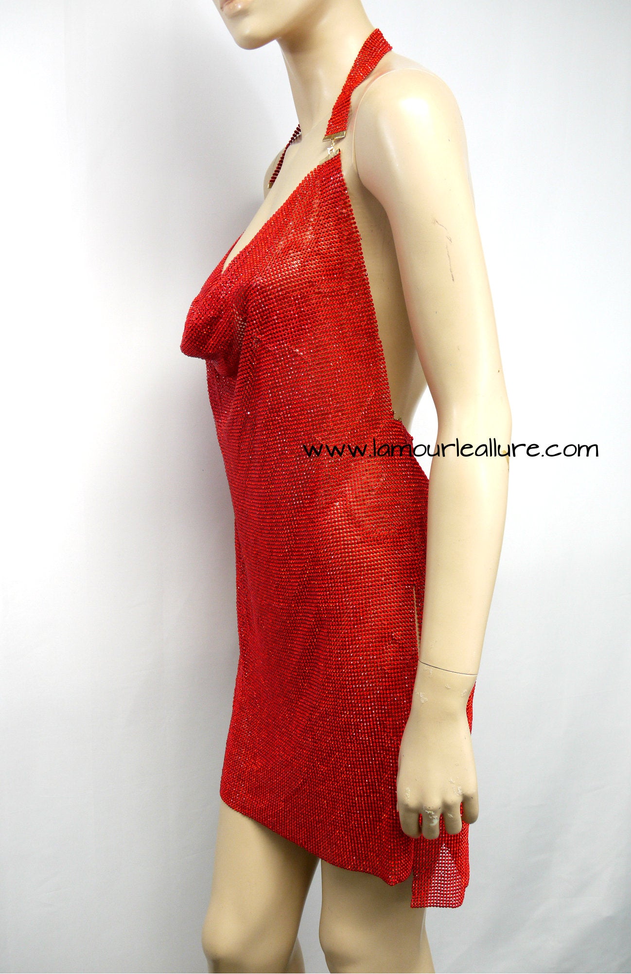 Red Sexy Luxury Party Metal Crystal Diamond Chain Halter Dress - Backless