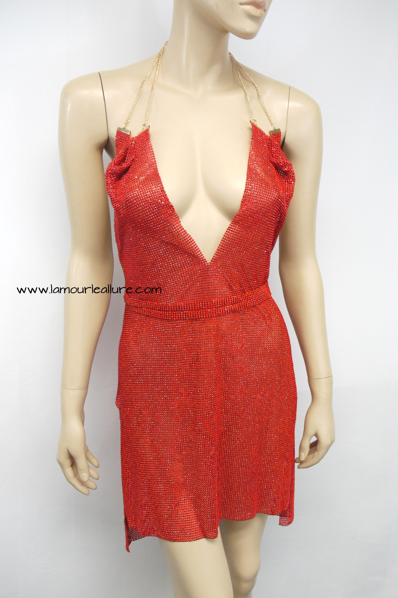 Red Sexy Luxury Party Metal Crystal Diamond Chain Halter Plunge Dress - Backless