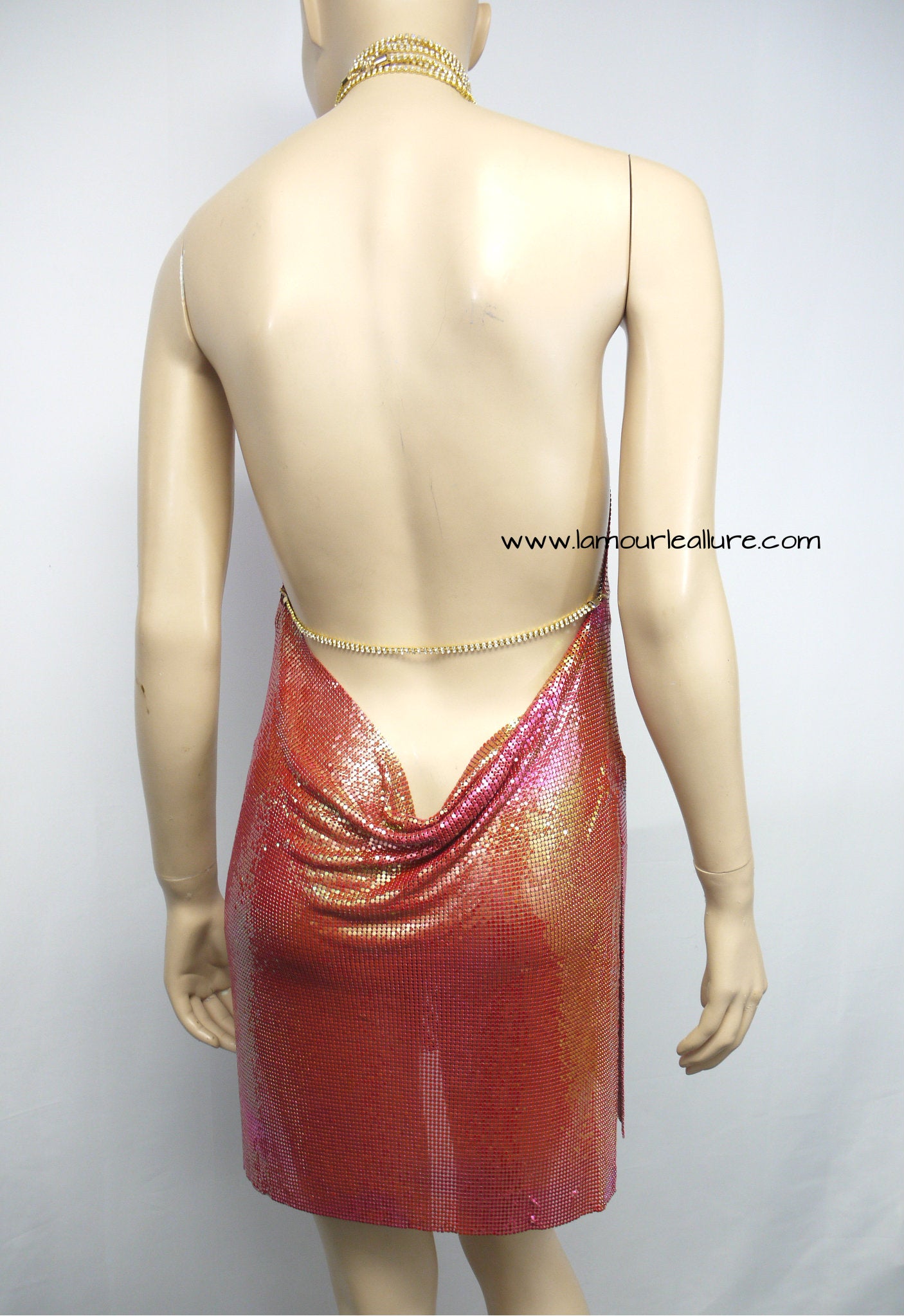 Sexy Luxury Iridescent Unicorn Mermaid Rhinestone Party Metal Chain Halter Dress - Backless