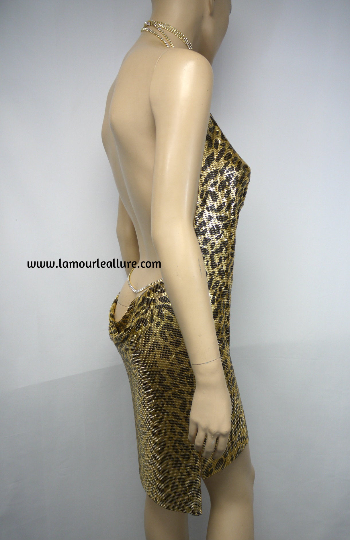 Sexy Luxury Gold Cheetah Leopard Rhinestone Party Metal Chain Halter Dress - Backless