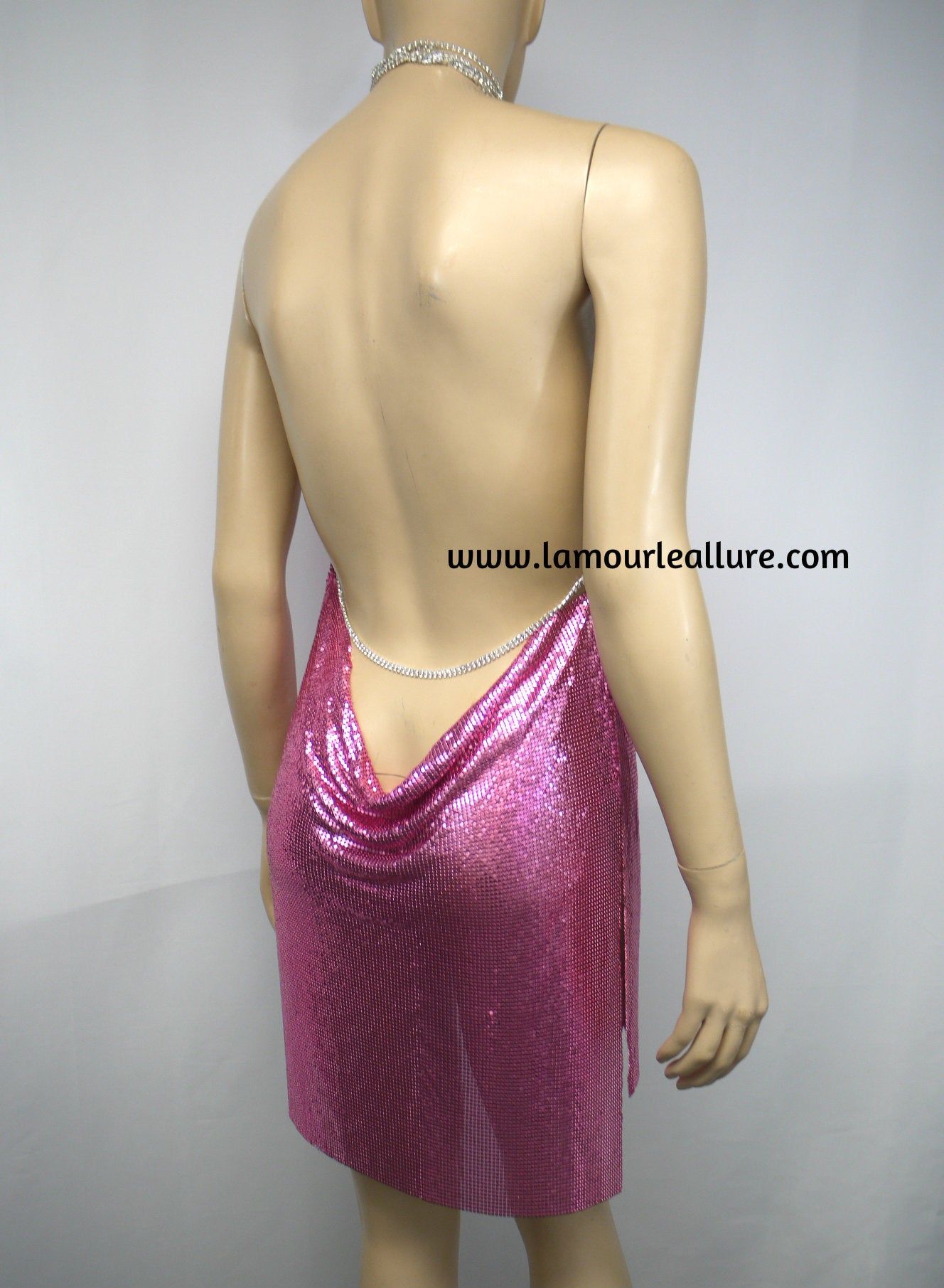 Sexy Luxury Barbie Pink Rhinestone Party Metal Chain Halter Dress - Backless