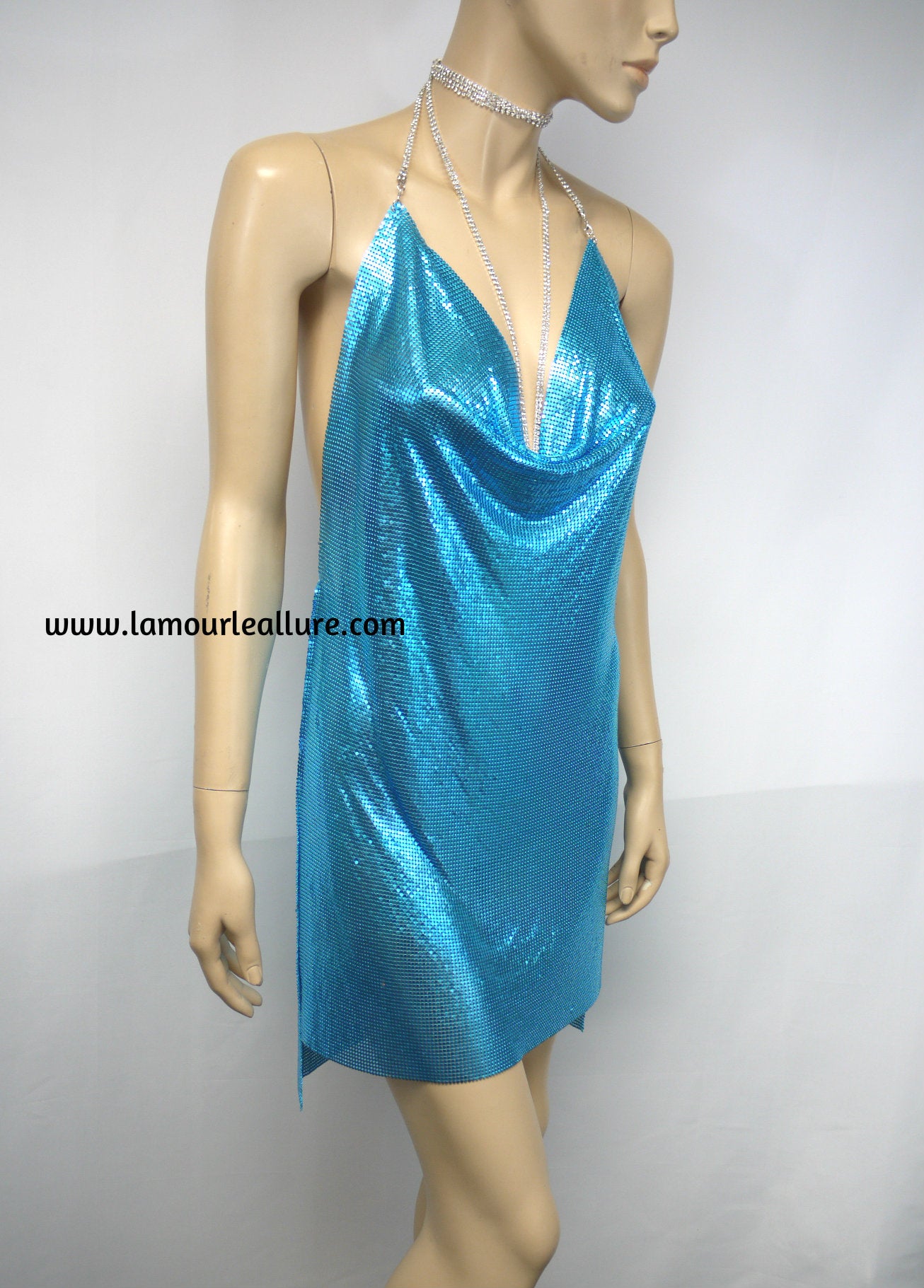 Sexy Luxury Turquoise Blue Rhinestone Party Metal Chain Halter Dress - Backless