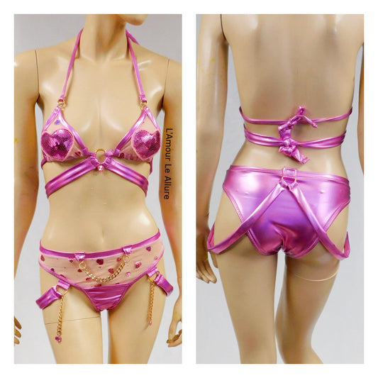 Pink Sequin Heart Mesh Bikini with Straps Dance Festival Outfit