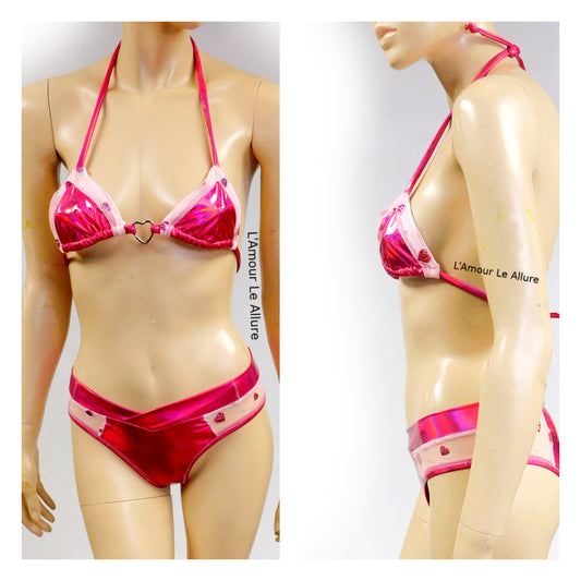 Pink Sequin Heart Mesh Bikini Dance Festival Outfit