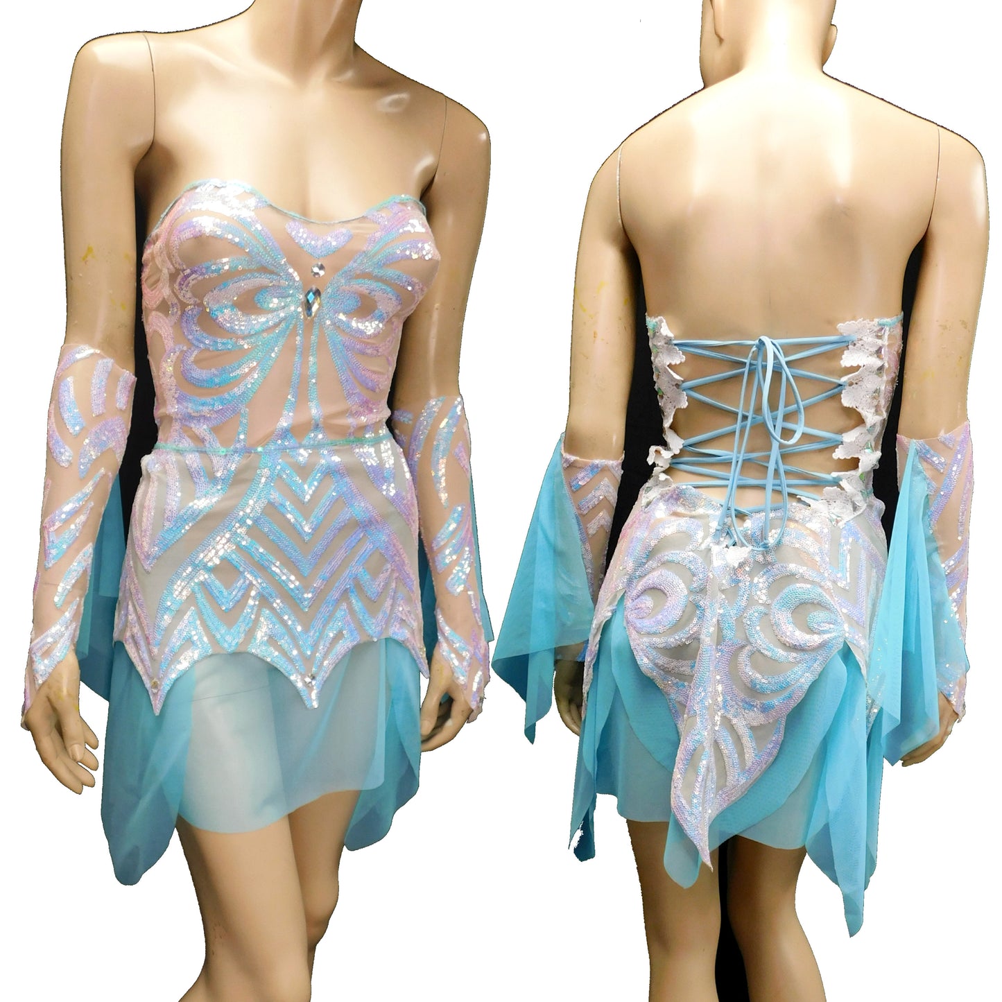 Ice Blue Iridescent Sequins Butterfly Goddess Fairy Dress Dance Festival