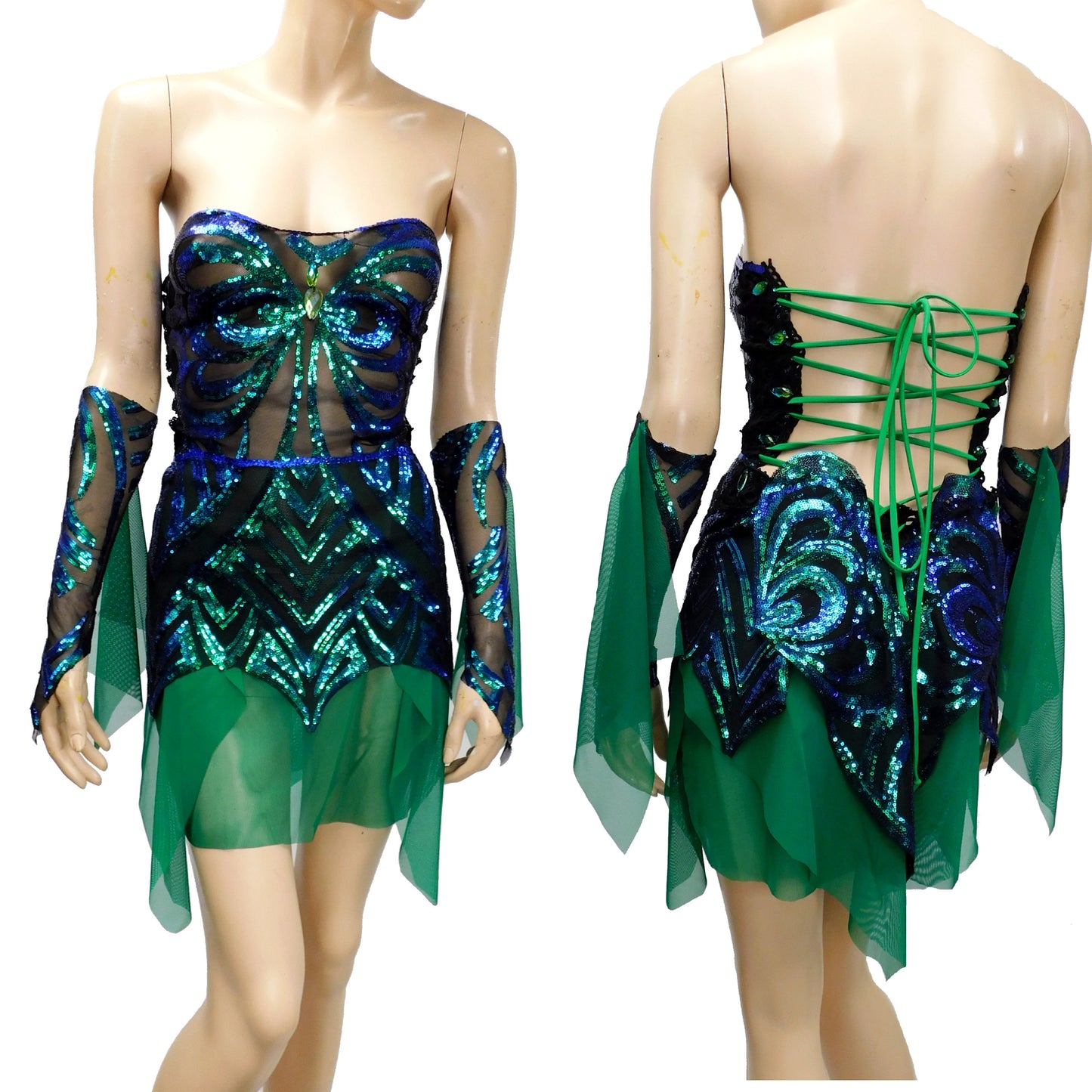 Dark Green and Blue Iridescent Sequins Butterfly Goddess Fairy Dress Dance Festival