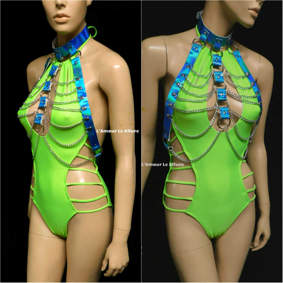 Holographic Blue Turquoise Body Harness with Silver Chains