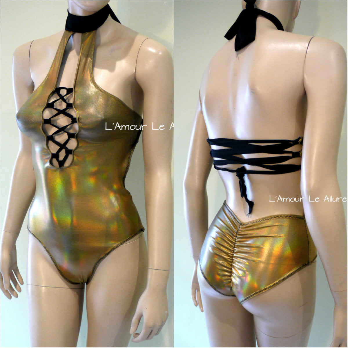 Holographic Leopard Black Gold Monokini Bodysuit