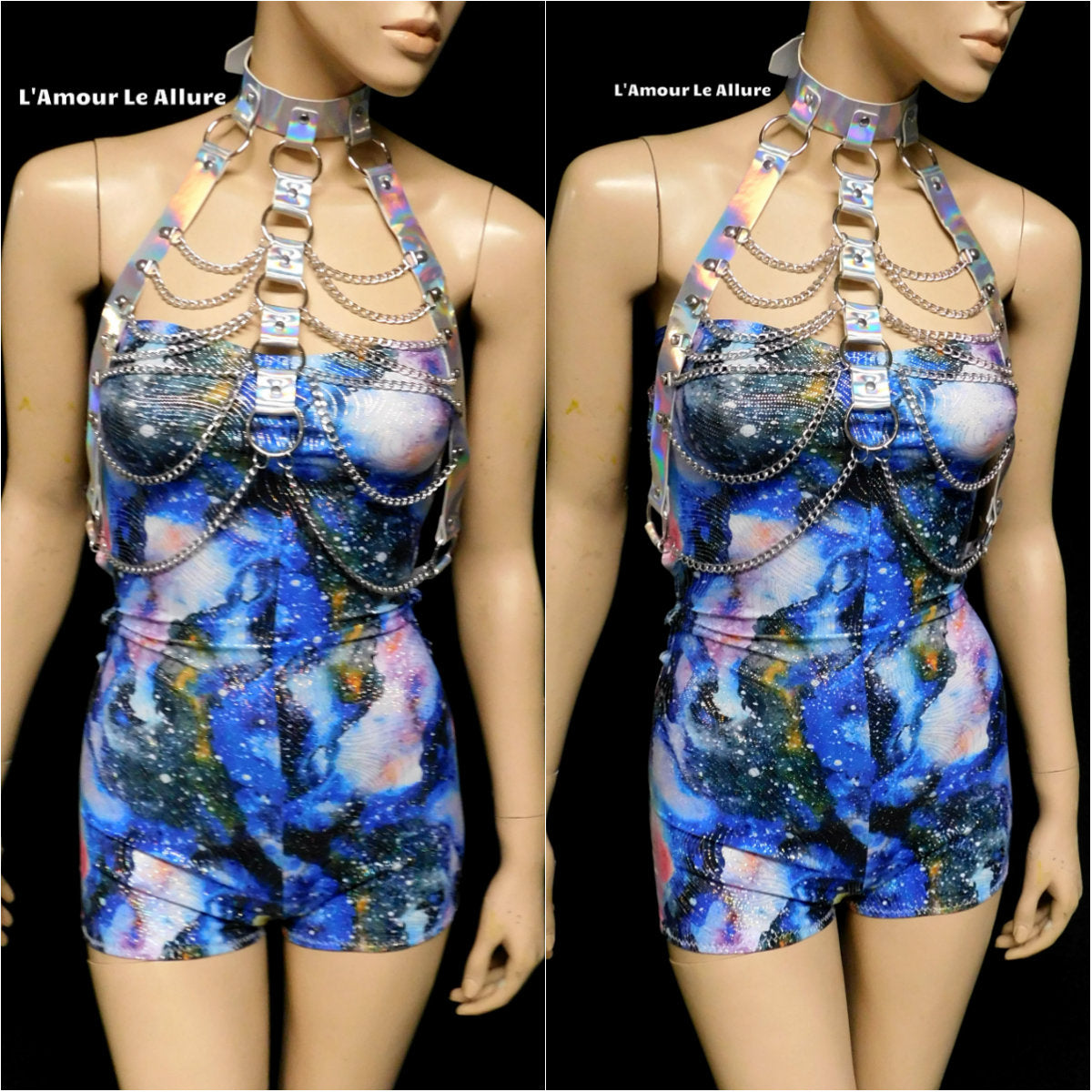 Holographic Silver Body Harness with Silver Chains