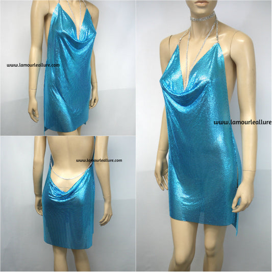 Sexy Luxury Turquoise Blue Rhinestone Party Metal Chain Halter Dress - Backless