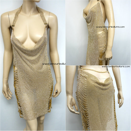 Gold Sexy Luxury Party Metal Crystal Diamond Chain Halter Dress - Backless