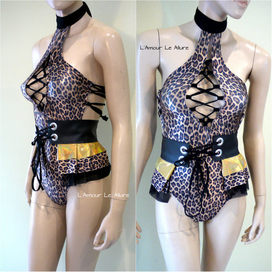 Leopard Black Gold Monokini with Skirt Jumper Swimsuit Bathing Suit Dance Leotard