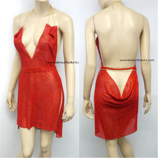 Red Sexy Luxury Party Metal Crystal Diamond Chain Halter Plunge Dress - Backless