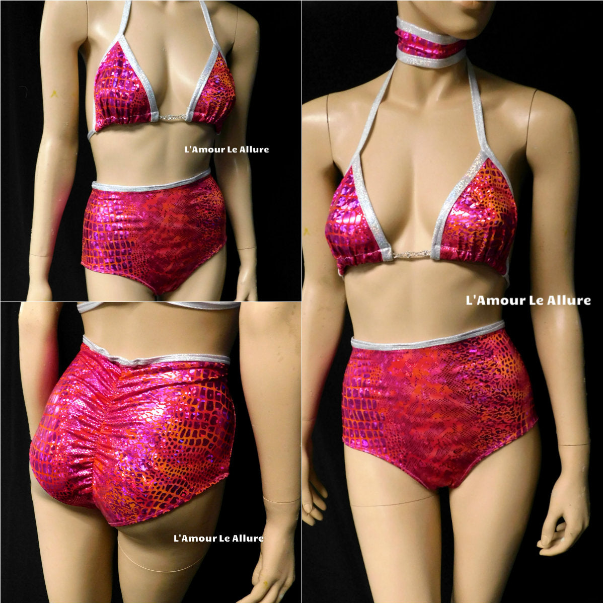 Hot Pink Holographic Snake Skin Animal Print Bikini With Choker, High Waist Skirt and Bottom
