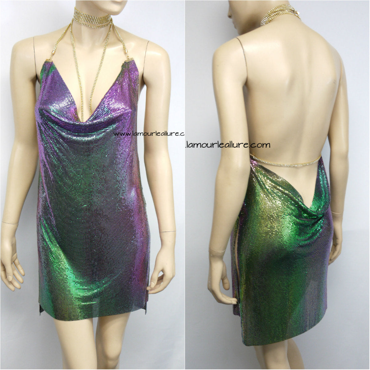Luxury Iridescent Unicorn Mermaid Rhinestone Party Metal Chain Halter Dress - Backless