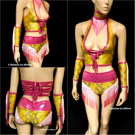 Yellow and Pink Holographic Fringe Snake Skin Animal Print Cow Girl